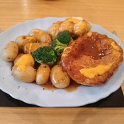 Steak Pie, Brocolli, Cauliflower, Boiled Potatoes, Gravy and Mustard