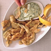 Artichoke Fritters With Green Goddess Dipping Sauce