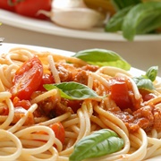 Pasta With Tomato Sauce, Cherry Tomatoes and Basil