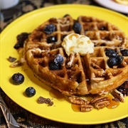 Pecan Pancakes and Waffles With Blueberries and Honey