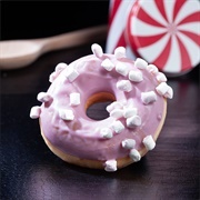 Strawberry Iced and Strawberry Jelly-Filled Chocolate Donut With Marshmallows