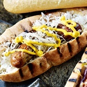 Mustard, Sauerkraut, and Pickle Hot Dog