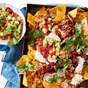 Nachos With Pulled Beef, Tomato Salsa, Cheese Sauce &amp; Sour Cream