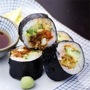 Cucumber and Crab Maki With Tempura Flakes