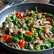 Fried Frankfurter Chunks With Mushrooms, Spinach and Passata