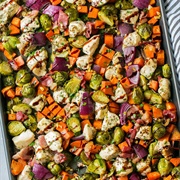 Sheet Pan Roasted Chicken, Sweet Potatoes, and Brussels Sprouts