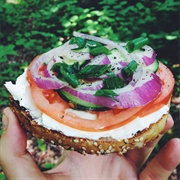 Everything Bagel With Shallot and Chive Cream Cheese and Red Onions