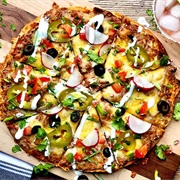 Cauliflower-Crust Nacho Pizza With Cilantro Lime Crema