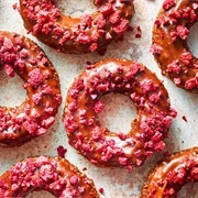 Rose Iced and Strawberry Jelly-Filled Chocolate Cruller