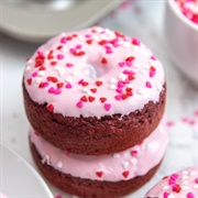 Strawberry Iced and Chocolate-Filled Red Velvet Ring Donut With Raspberry Bark