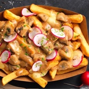 Montreal Poutine With Mushroom Sauce, Mozzarella and Radish