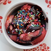 Strawberry, Raspberry, and Red Velvet Cookie Sundae