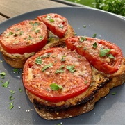 Shallot and Chive Cream Cheese, Tomato, Red Onion, and Fig Balsamic Vinegar Open-Faced Sandwich