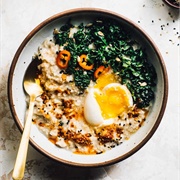 Miso Oatmeal With Charred Kale and Soft Boiled Eggs