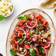 Watermelon Red Onion Feta and Basil Salad