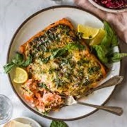 Pesto and Parmigiana Reggiano Crusted Salmon